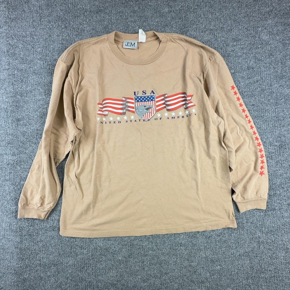 VTG JEM Sportswear Shirt Mens XL Beige USA Flag Eagle Graphic Long T-Shirt Tee
